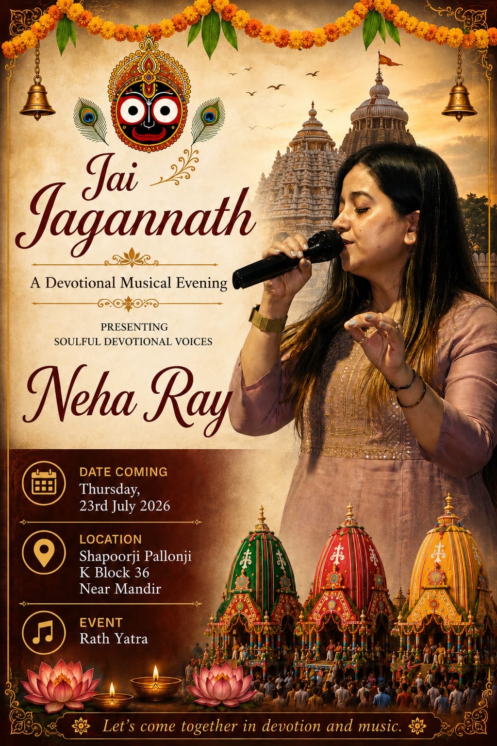 Jai Jagannath — A Devotional Musical Evening with Neha Ray on Thursday, 23rd July 2026 at Shapoorji Pallonji, K Block 36, Near Mandir